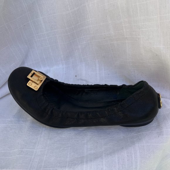 Tory Burch Black Leather Flats Round Toe Gold Tone Lock Buckle Slip On Shoes 7 - Picture 7 of 9